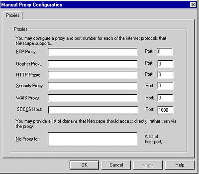 Netscape 3 Manual Proxy Configuration Dialog Box